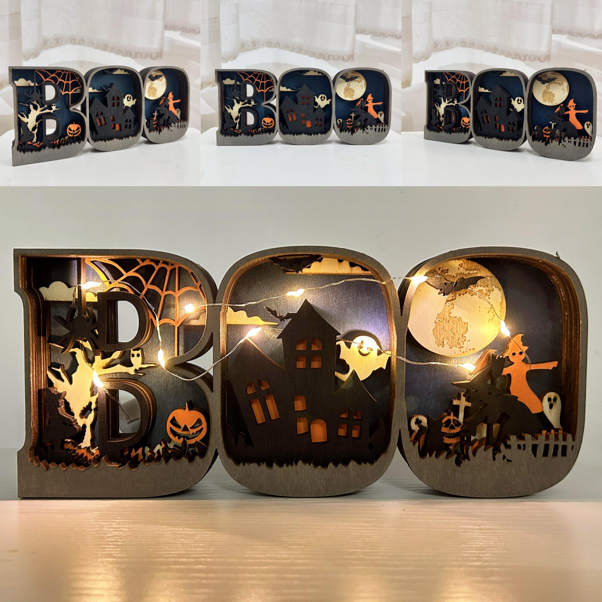 3D Carved Wooden BOO Letter Ornaments,Wooden BOO Sign Lamp,Home Table Decor,Wall Decoration Art,Halloween Decor,Halloween Gift,Spooky Season