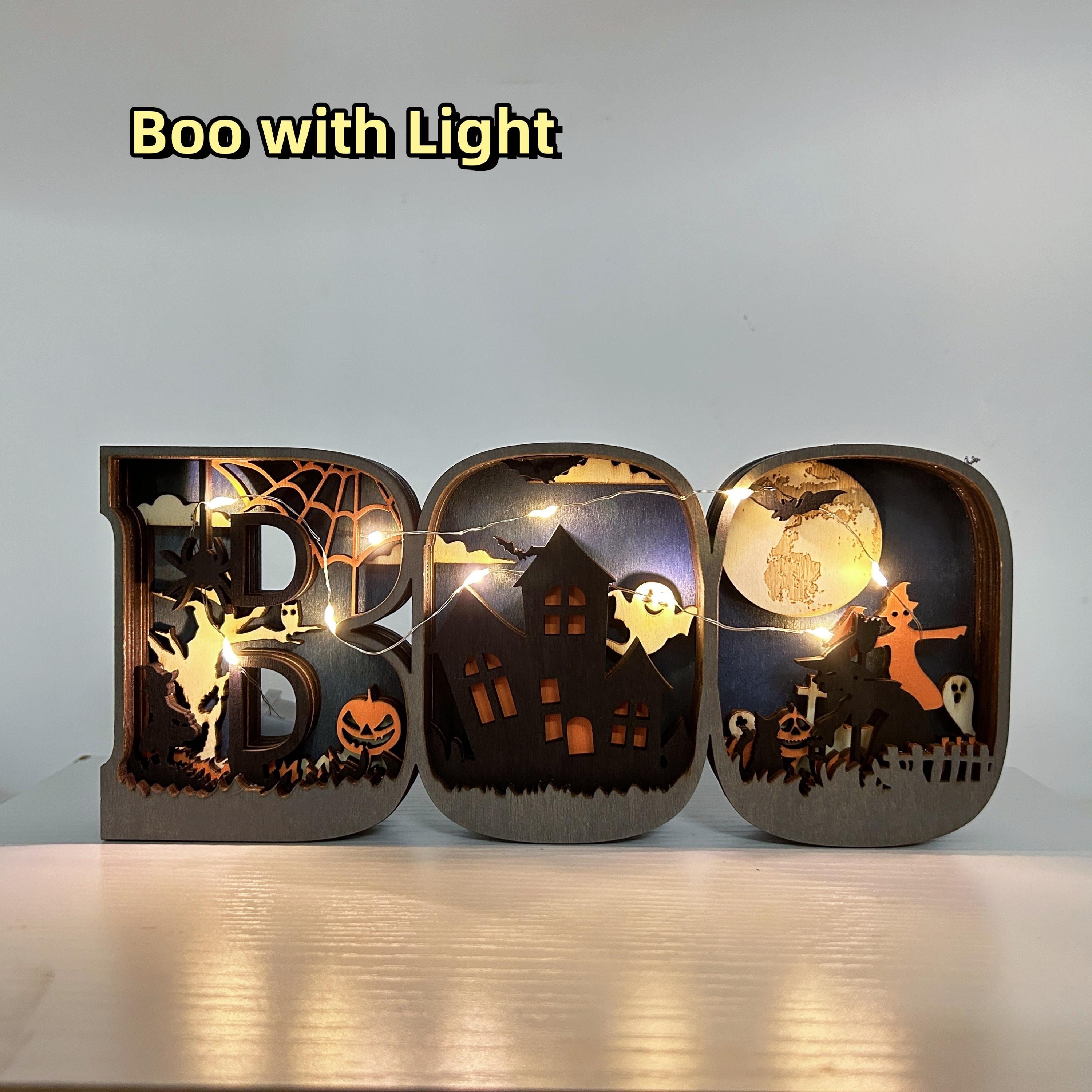 3D Carved Wooden BOO Letter Ornaments,Wooden BOO Sign Lamp,Home Table Decor,Wall Decoration Art,Halloween Decor,Halloween Gift,Spooky Season