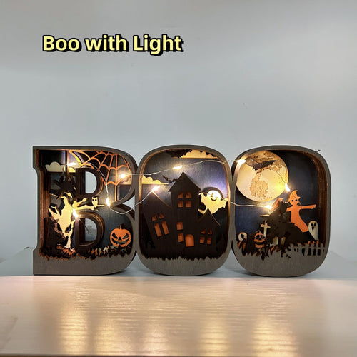 3D Carved Wooden BOO Letter Ornaments,Wooden BOO Sign Lamp,Home Table Decor,Wall Decoration Art,Halloween Decor,Halloween Gift,Spooky Season