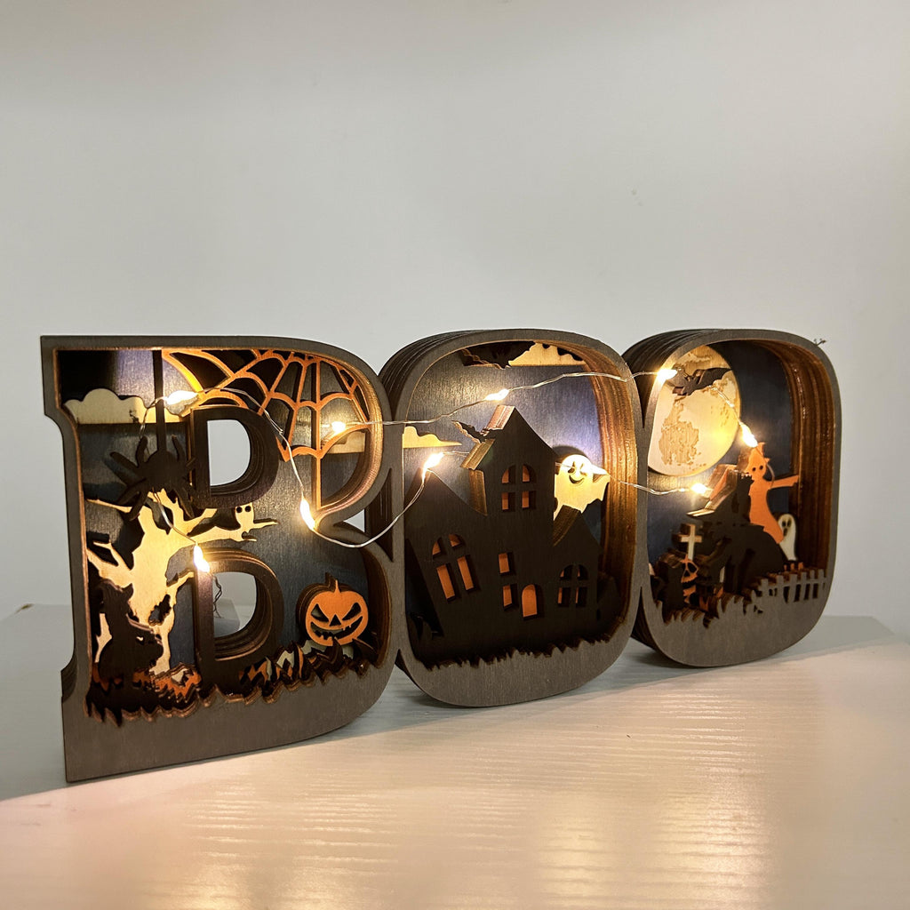 3D Carved Wooden BOO Letter Ornaments,Wooden BOO Sign Lamp,Home Table Decor,Wall Decoration Art,Halloween Decor,Halloween Gift,Spooky Season