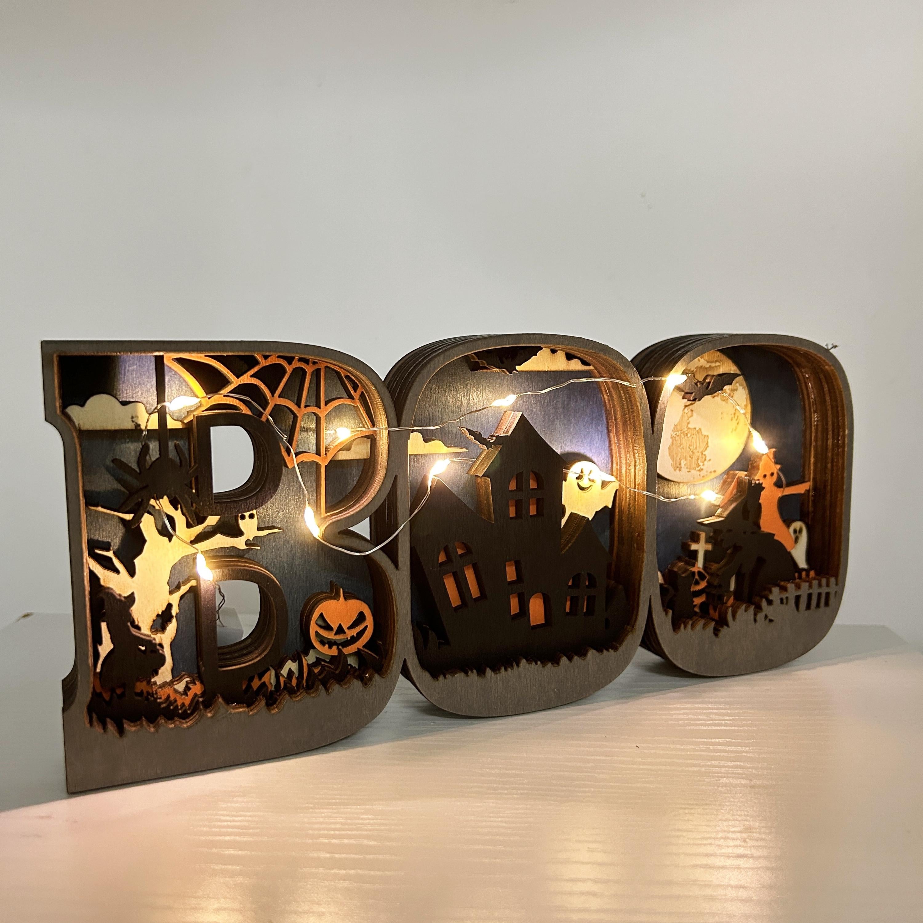 3D Carved Wooden BOO Letter Ornaments,Wooden BOO Sign Lamp,Home Table Decor,Wall Decoration Art,Halloween Decor,Halloween Gift,Spooky Season