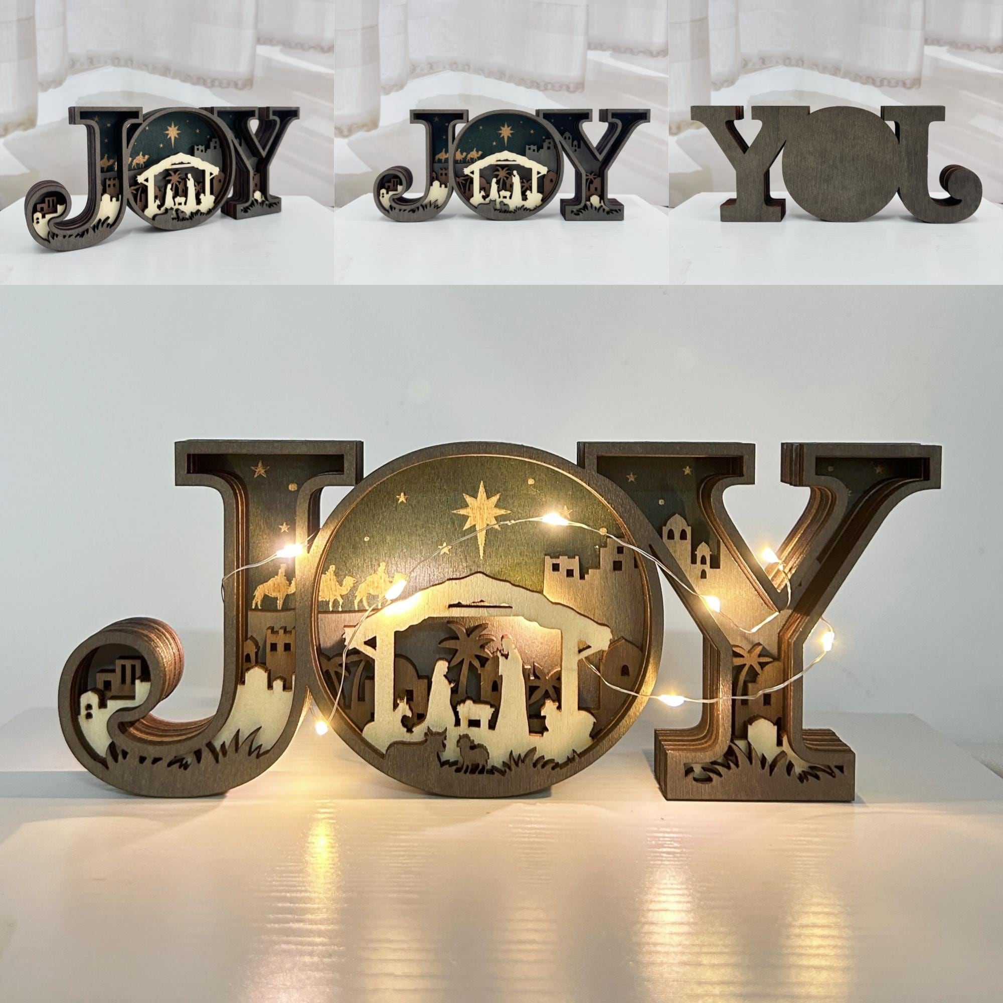 3D Carved Wooden JOY Letter Ornaments,Wooden JOY Sign Lamp,Halloween/Christmas Desk Decor,Wall Decoration Art,Christmas Gift,Merry Christmas