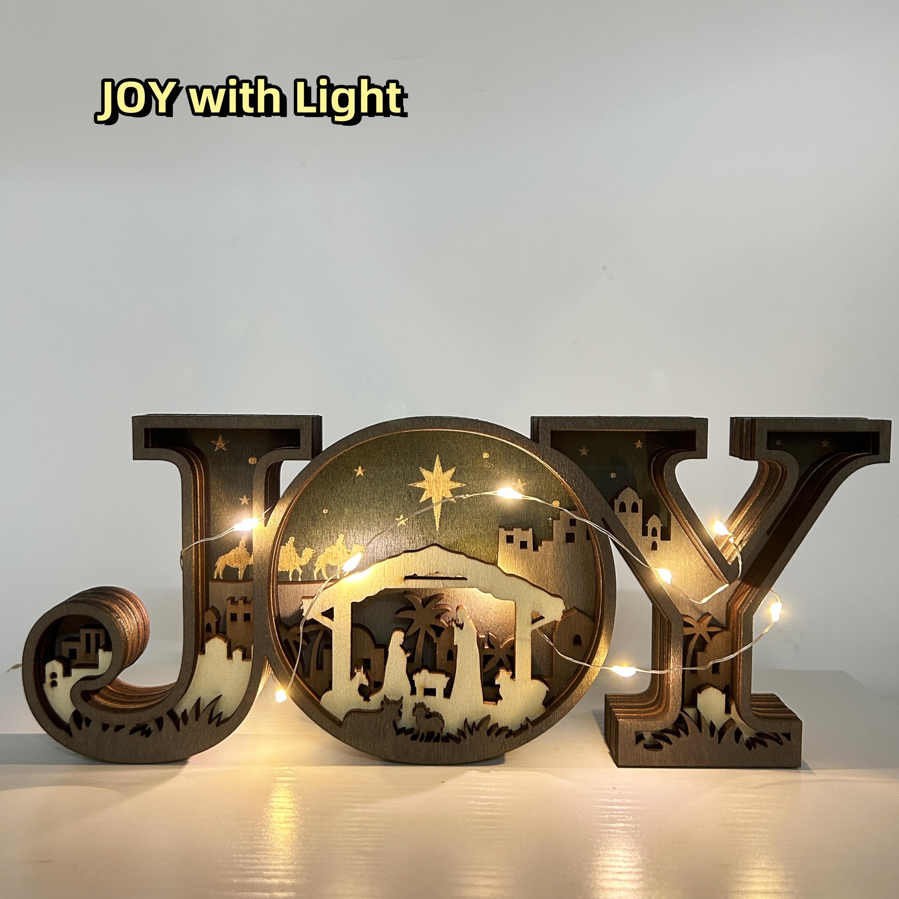 3D Carved Wooden JOY Letter Ornaments,Wooden JOY Sign Lamp,Halloween/Christmas Desk Decor,Wall Decoration Art,Christmas Gift,Merry Christmas