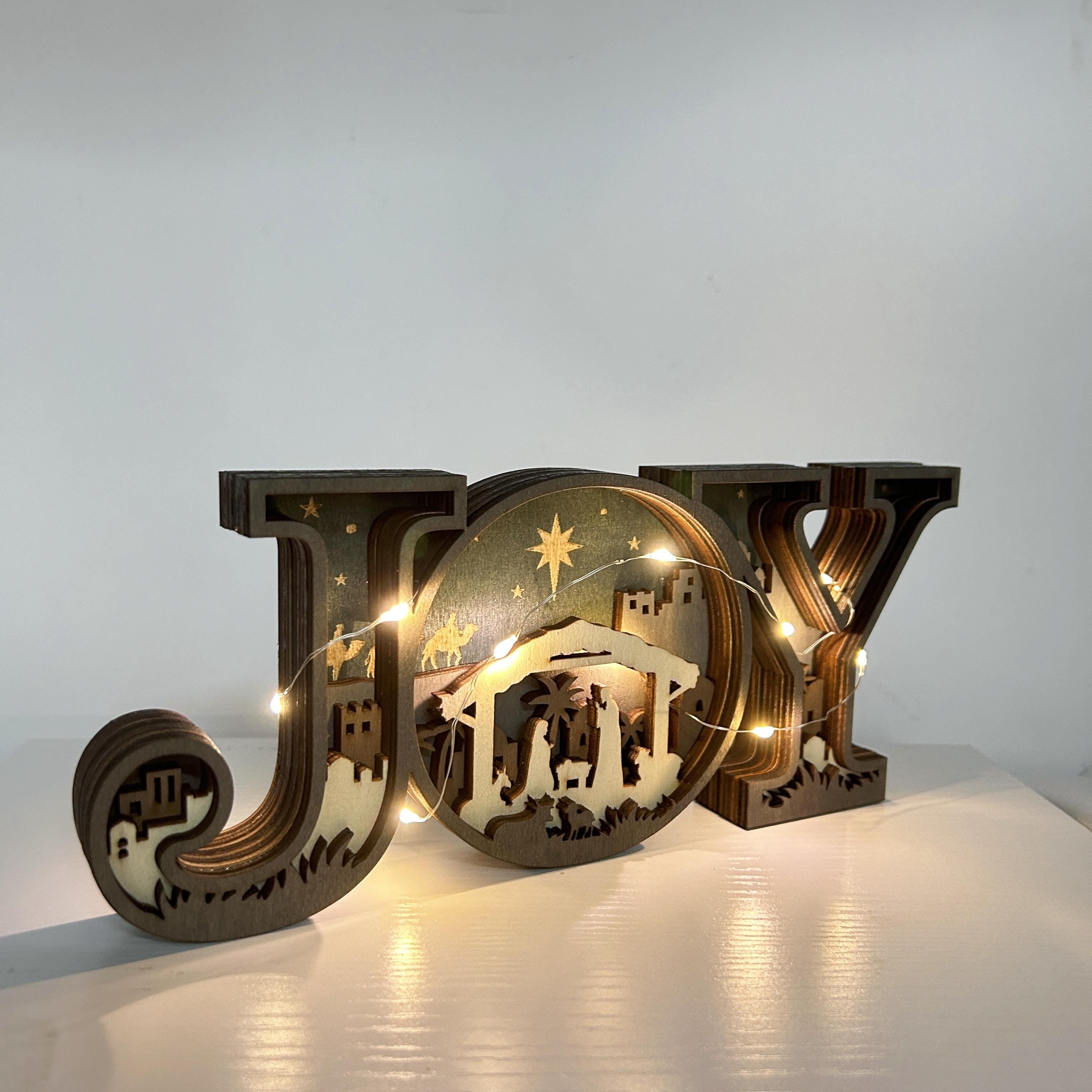3D Carved Wooden JOY Letter Ornaments,Wooden JOY Sign Lamp,Halloween/Christmas Desk Decor,Wall Decoration Art,Christmas Gift,Merry Christmas