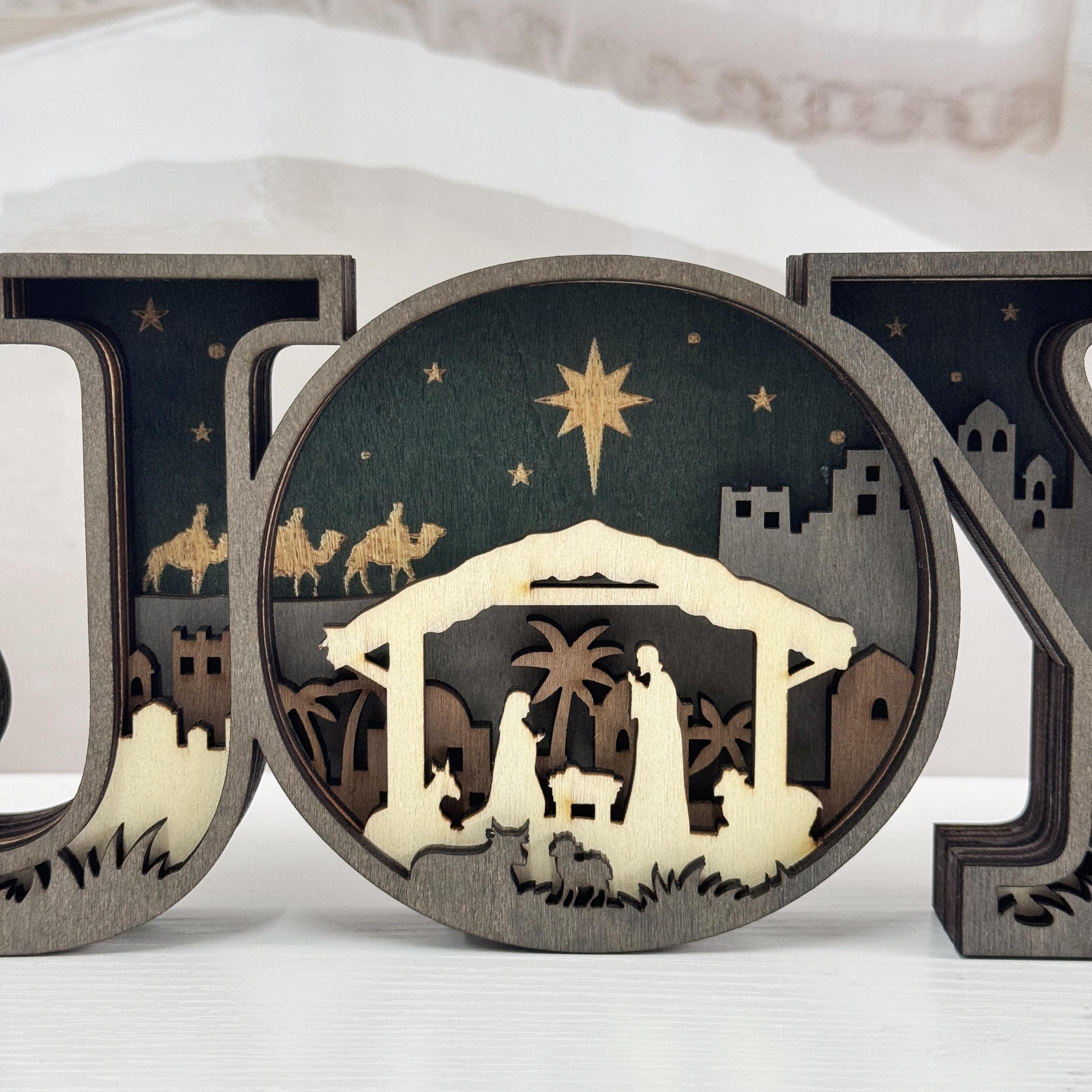 3D Carved Wooden JOY Letter Ornaments,Wooden JOY Sign Lamp,Halloween/Christmas Desk Decor,Wall Decoration Art,Christmas Gift,Merry Christmas