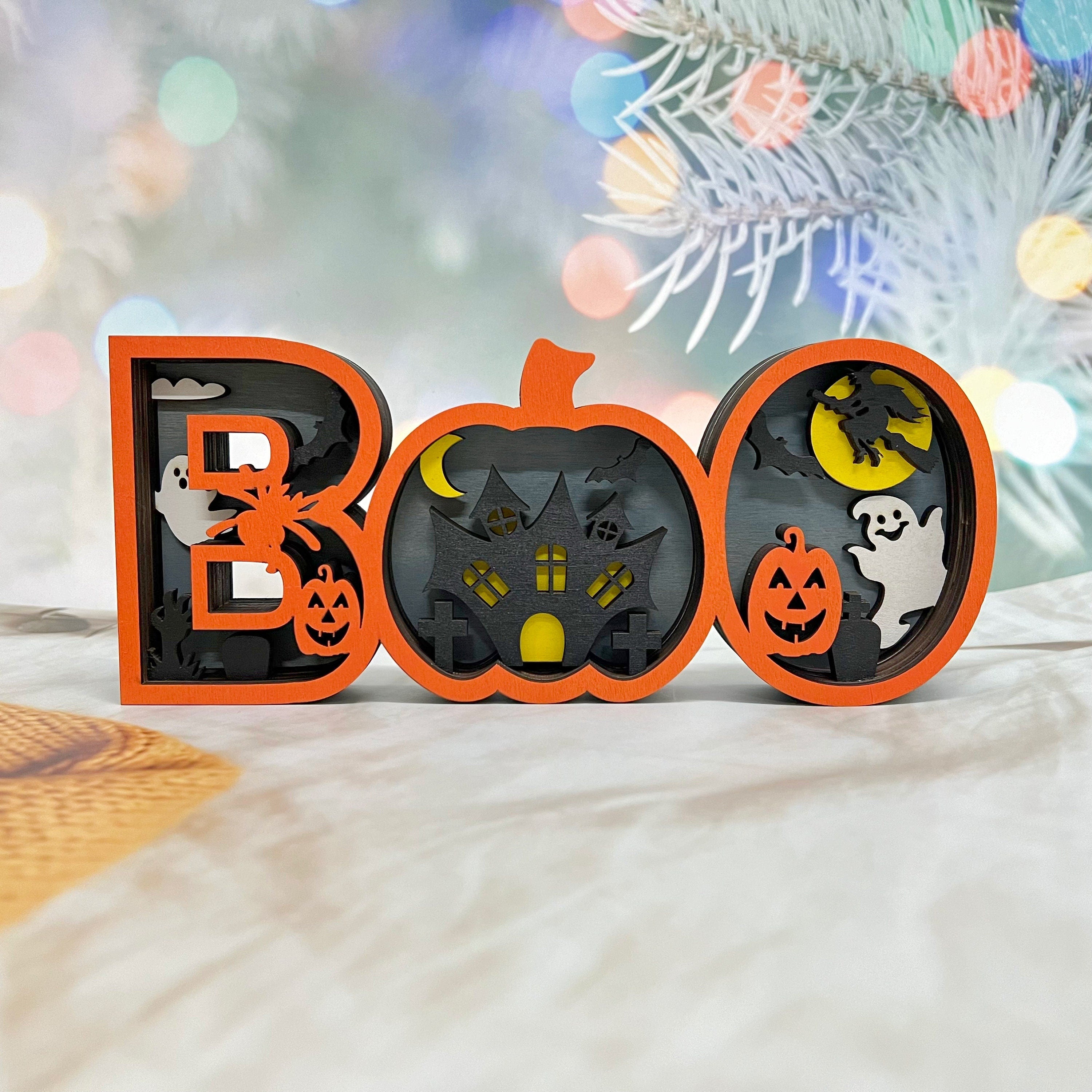 3D Carved Wooden Ghost BOO Sign, Halloween/Christmas Decoration,Tabletop Decorations,Seasonal Decor,Gift Artistry and Luminary Symbol,