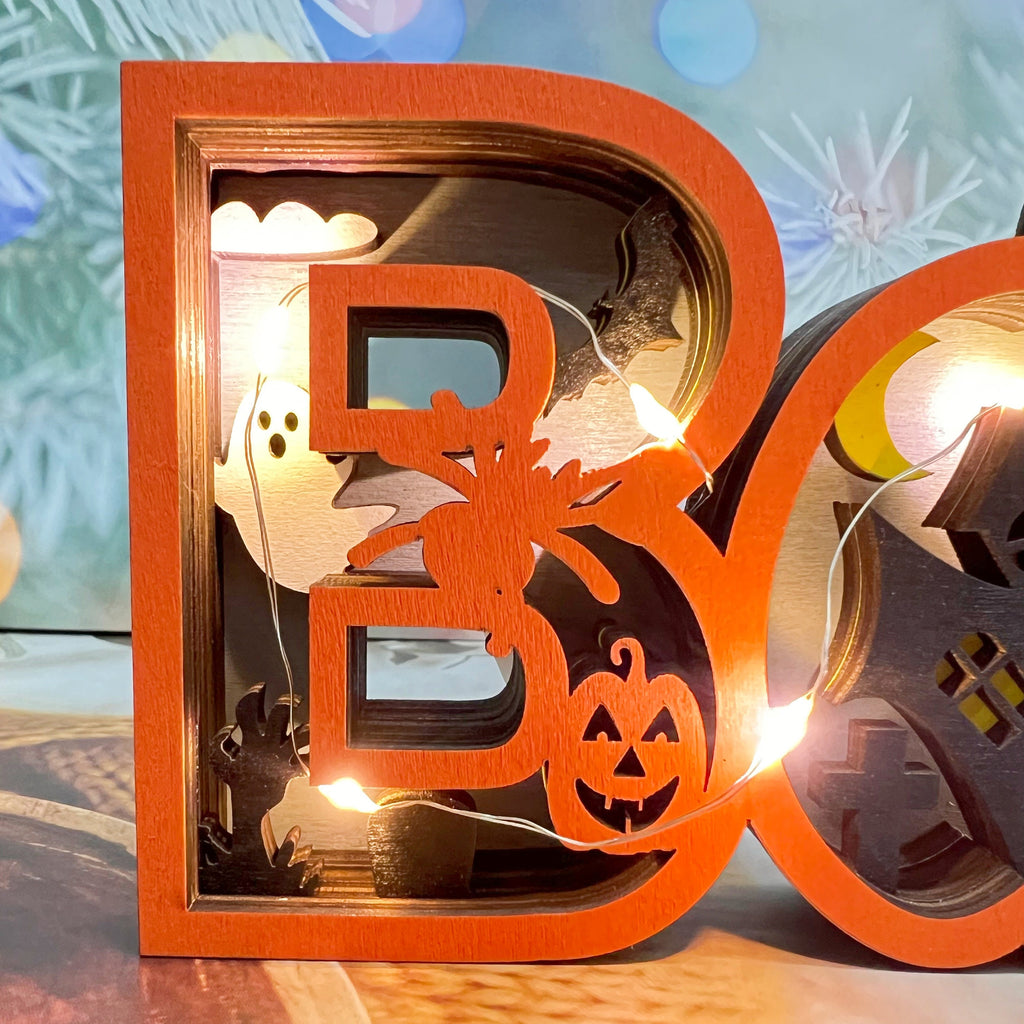 3D Carved Wooden Ghost BOO Sign, Halloween/Christmas Decoration,Tabletop Decorations,Seasonal Decor,Gift Artistry and Luminary Symbol,