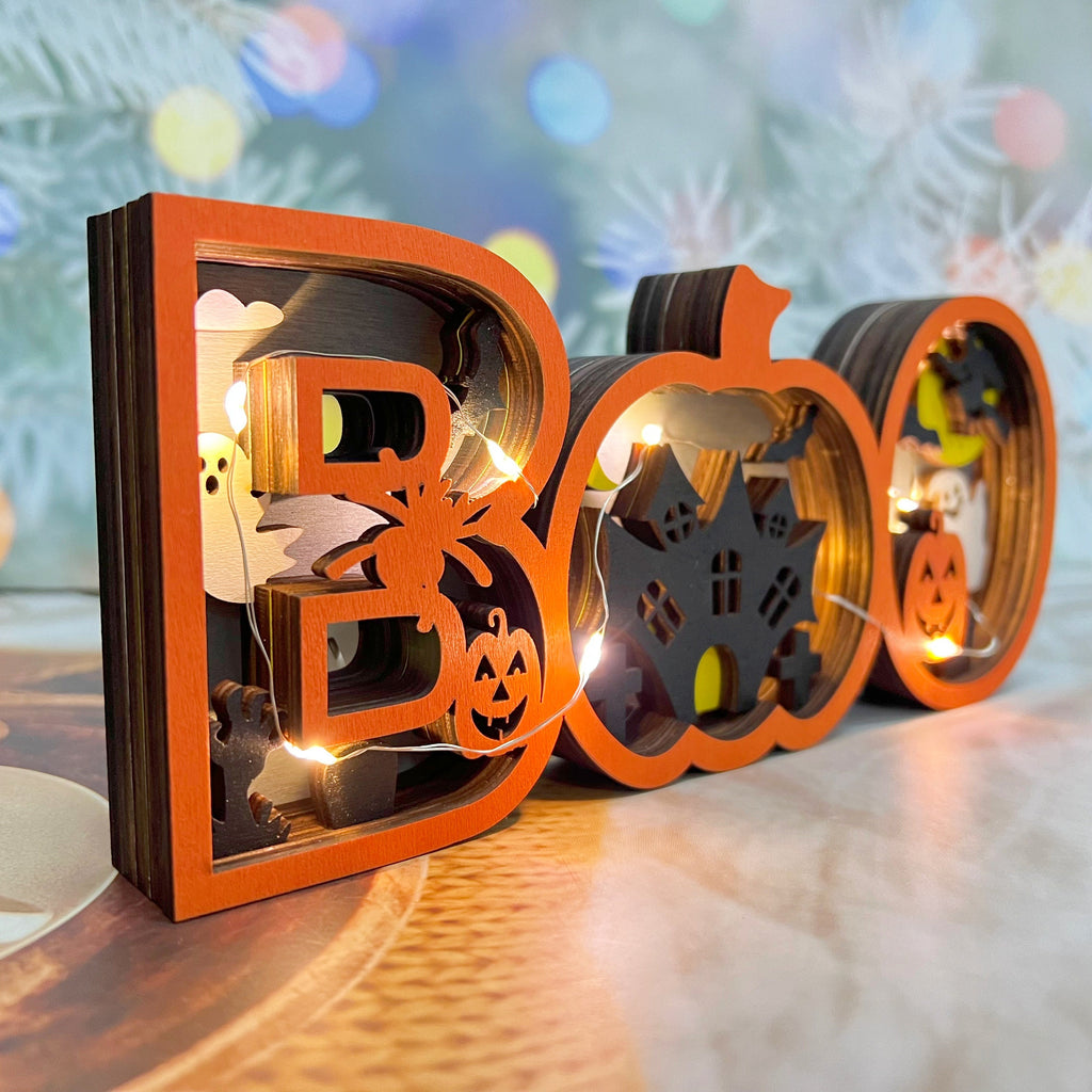 3D Carved Wooden Ghost BOO Sign, Halloween/Christmas Decoration,Tabletop Decorations,Seasonal Decor,Gift Artistry and Luminary Symbol,