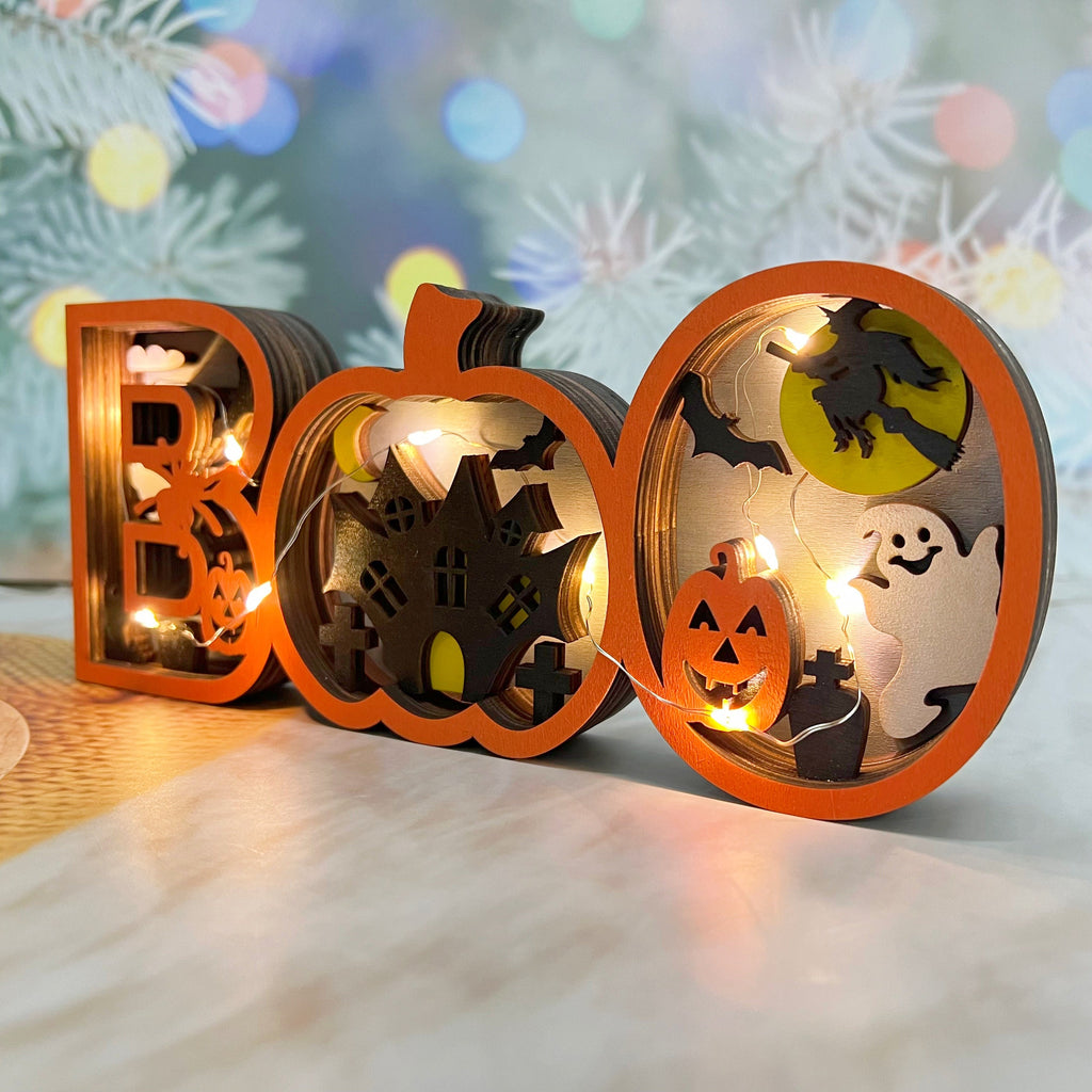 3D Carved Wooden Ghost BOO Sign, Halloween/Christmas Decoration,Tabletop Decorations,Seasonal Decor,Gift Artistry and Luminary Symbol,