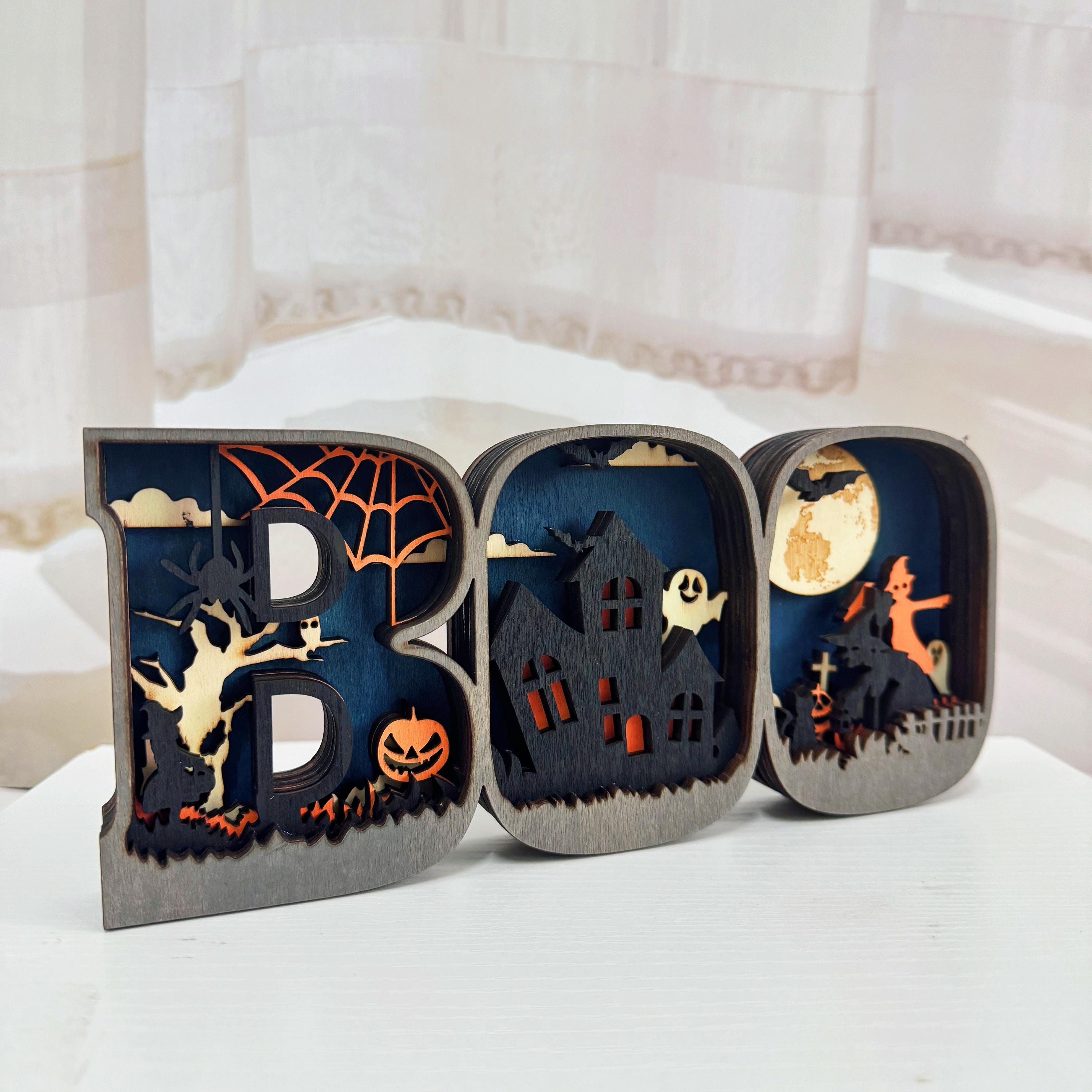 3D Carved Wooden BOO Letter Ornaments,Wooden BOO Sign Lamp,Home Table Decor,Wall Decoration Art,Halloween Decor,Halloween Gift,Spooky Season