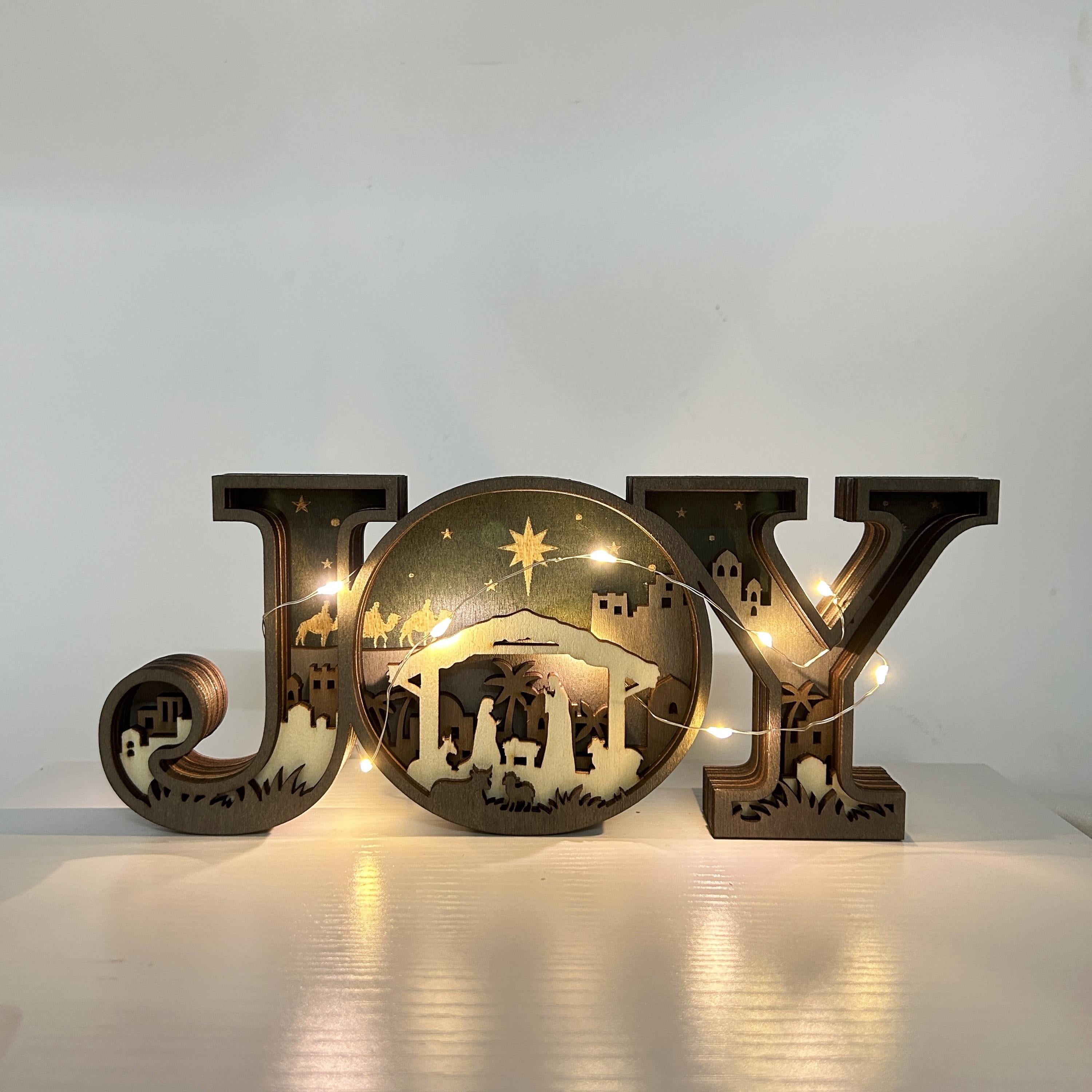 3D Carved Wooden JOY Letter Ornaments,Wooden JOY Sign Lamp,Halloween/Christmas Desk Decor,Wall Decoration Art,Christmas Gift,Merry Christmas