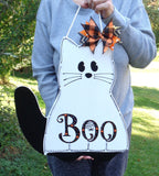 BOO BLACK CAT Ghost Halloween Sign Plaque Wall Decor Room Door Hanger Autumn Fall Wood Wooden Door Hanger