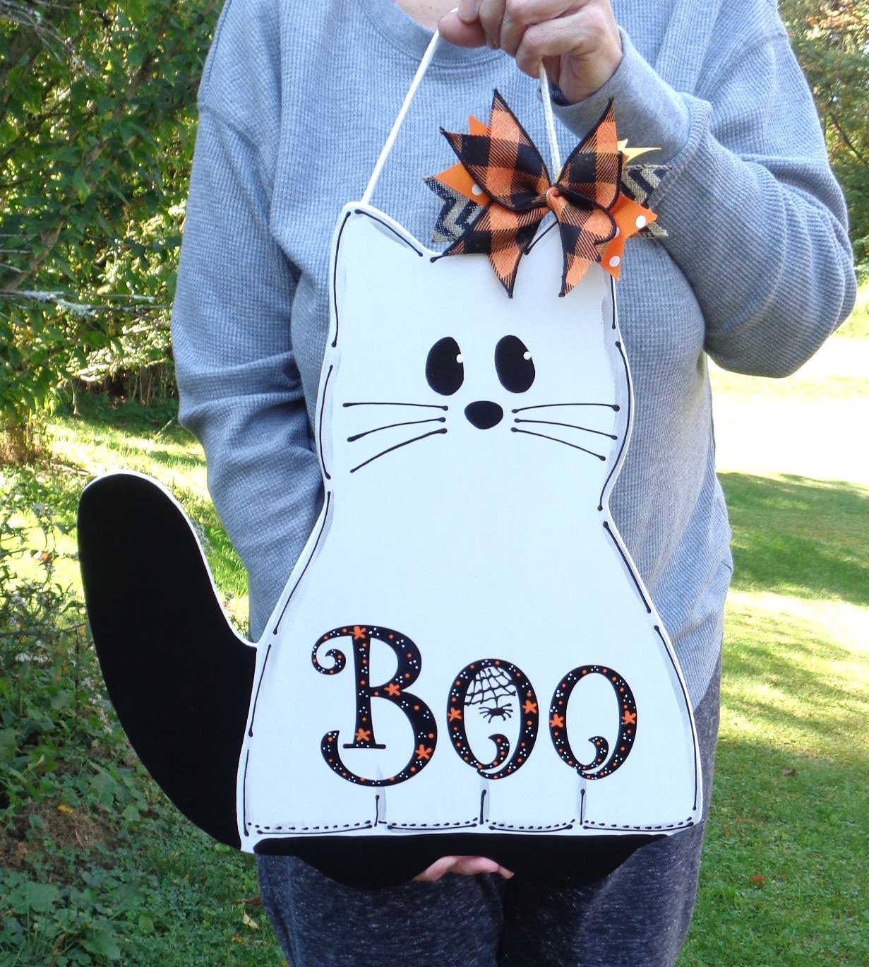 BOO BLACK CAT Ghost Halloween Sign Plaque Wall Decor Room Door Hanger Autumn Fall Wood Wooden Door Hanger