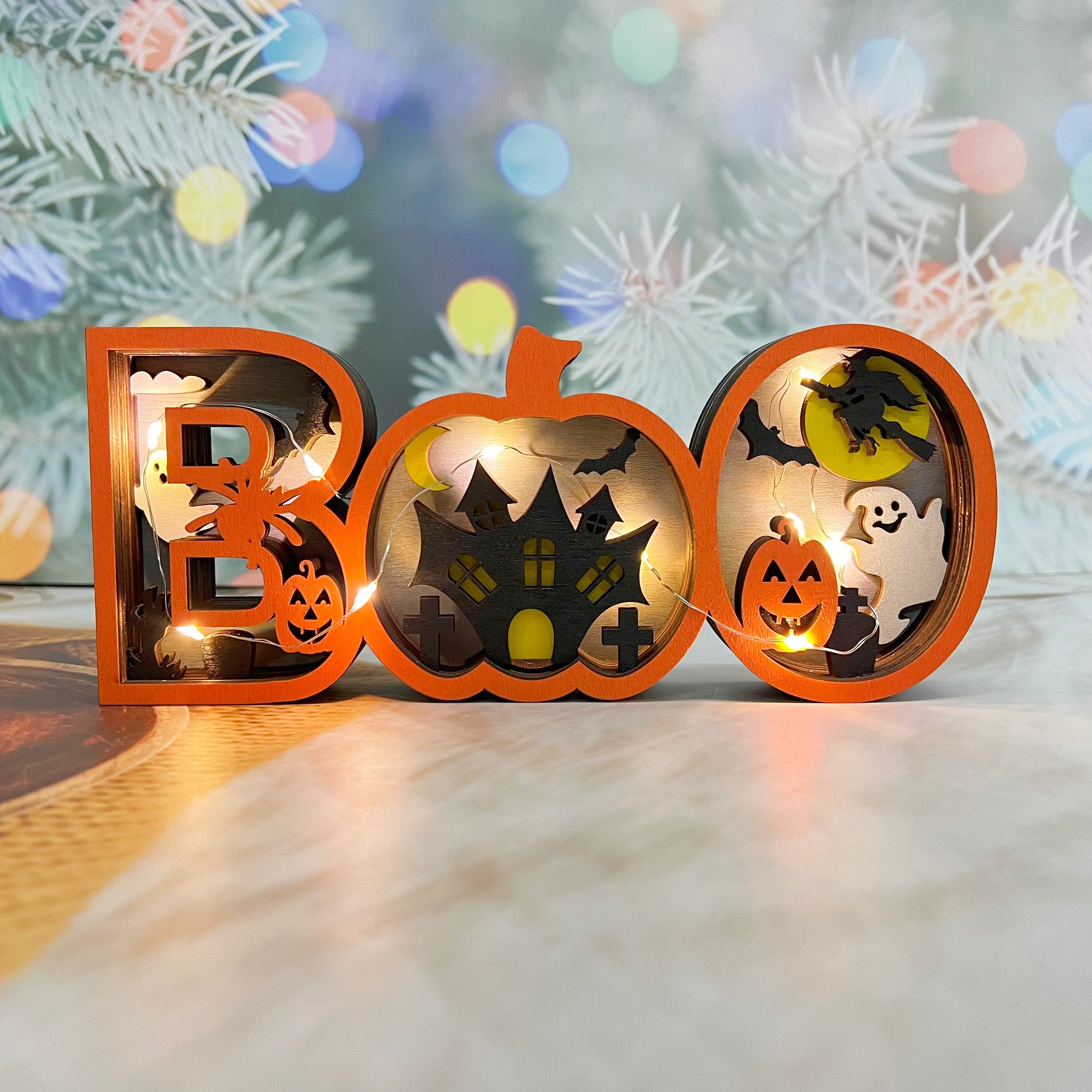 3D Carved Wooden Ghost BOO Sign, Halloween/Christmas Decoration,Tabletop Decorations,Seasonal Decor,Gift Artistry and Luminary Symbol,