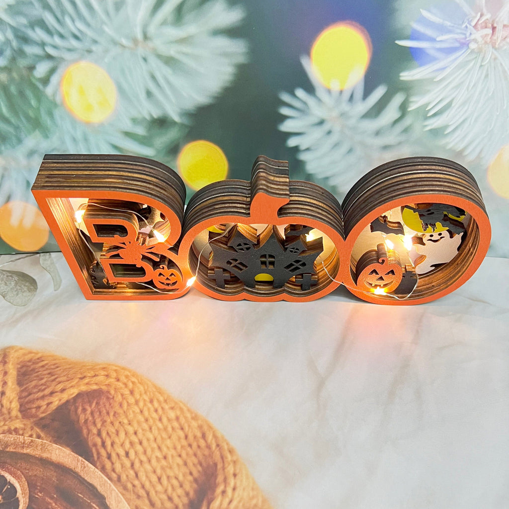 3D Carved Wooden Ghost BOO Sign, Halloween/Christmas Decoration,Tabletop Decorations,Seasonal Decor,Gift Artistry and Luminary Symbol,