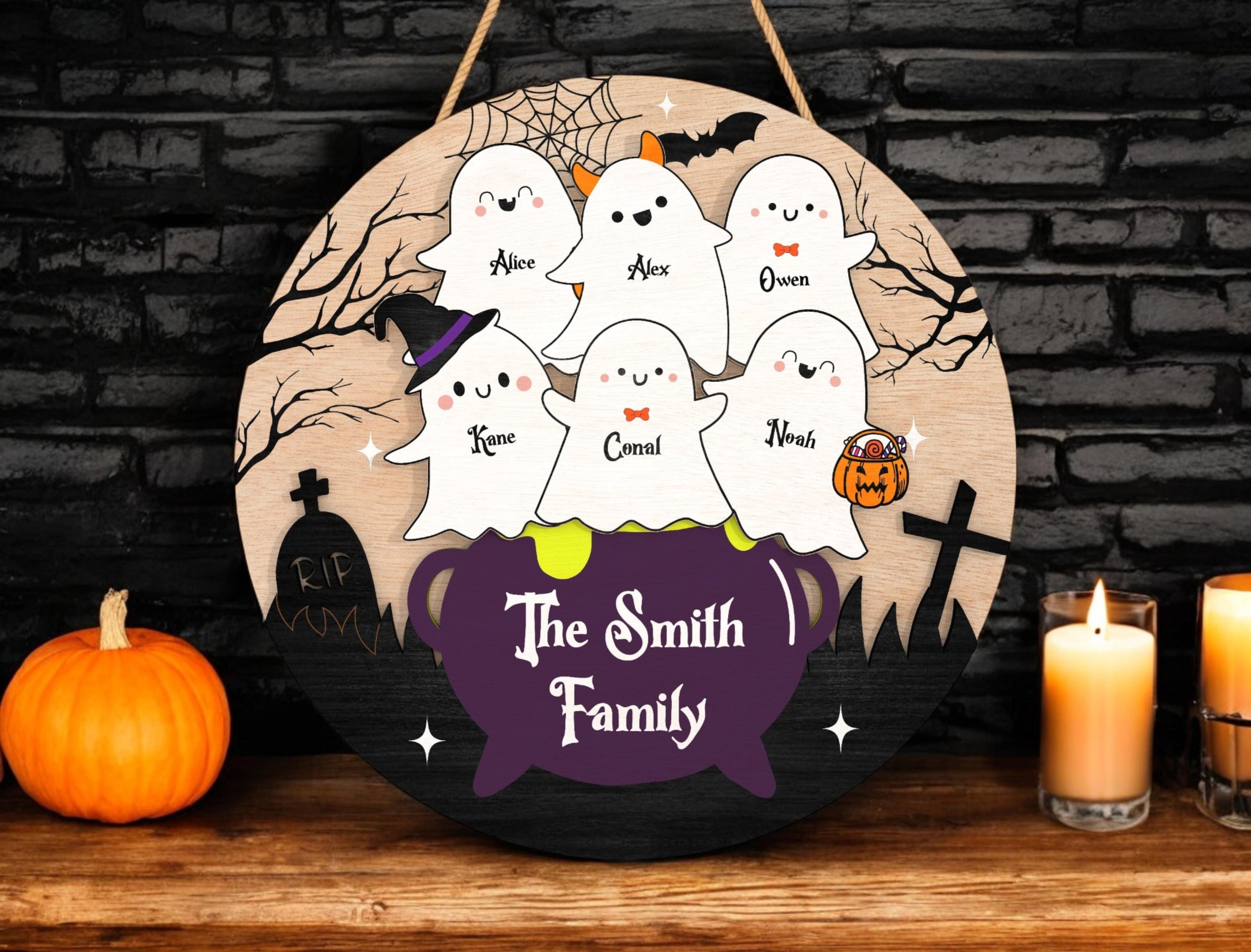 Personalized Halloween Ghost Family Sign | Witch Cauldron Door Hanger | Custom Spooky Fall Gift for Kids or Grandparents | Halloween Gift