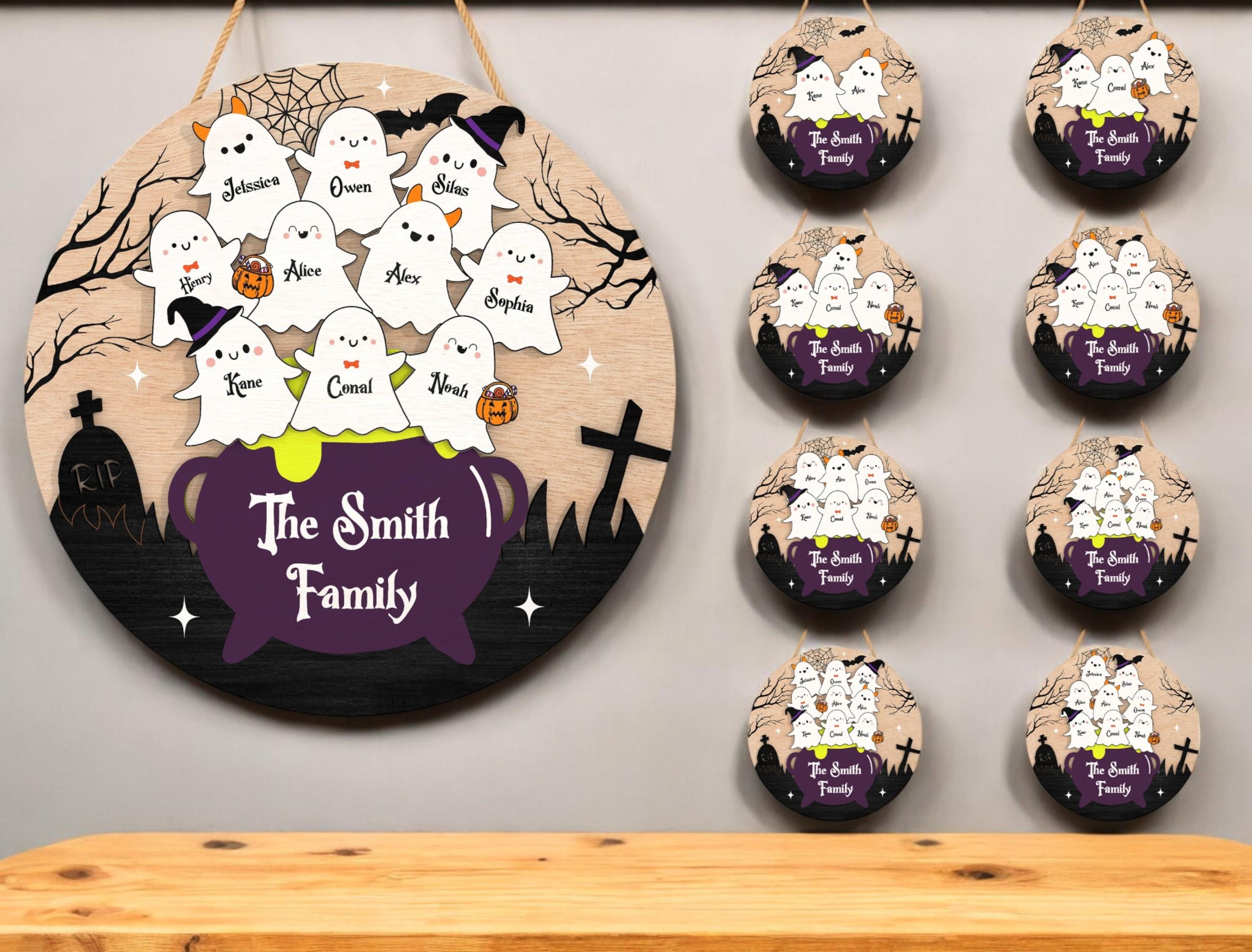 Personalized Halloween Ghost Family Sign | Witch Cauldron Door Hanger | Custom Spooky Fall Gift for Kids or Grandparents | Halloween Gift