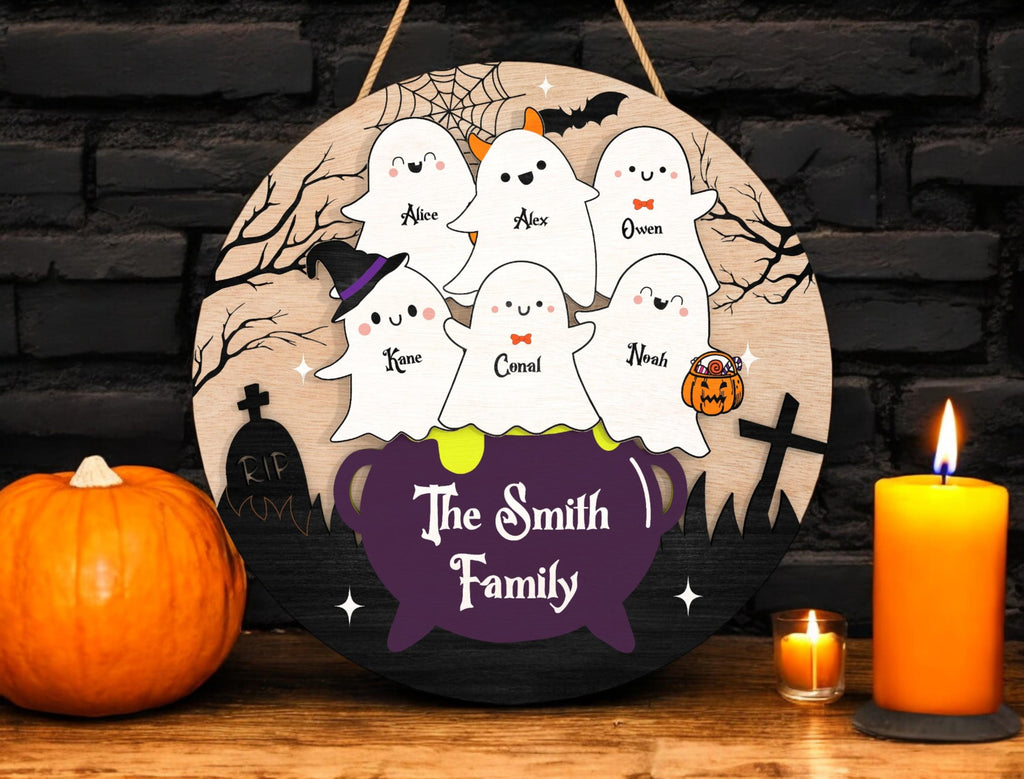 Personalized Halloween Ghost Family Sign | Witch Cauldron Door Hanger | Custom Spooky Fall Gift for Kids or Grandparents | Halloween Gift