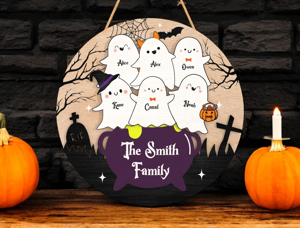 Personalized Halloween Ghost Family Sign | Witch Cauldron Door Hanger | Custom Spooky Fall Gift for Kids or Grandparents | Halloween Gift