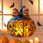 Halloween Pumpkin Lantern Hanging Light with Bats and Stars Metal Carved Fall Decor for Spooky Autumn Home or Party Display
