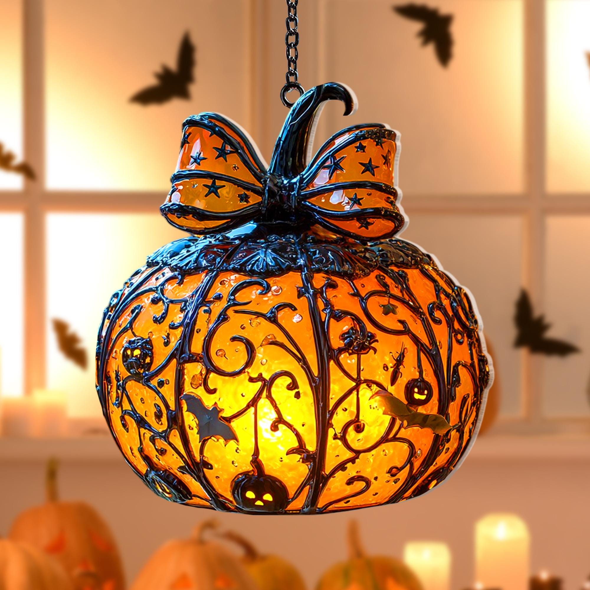 Halloween Pumpkin Lantern Hanging Light with Bats and Stars Metal Carved Fall Decor for Spooky Autumn Home or Party Display