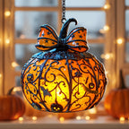 Halloween Pumpkin Lantern Hanging Light with Bats and Stars Metal Carved Fall Decor for Spooky Autumn Home or Party Display