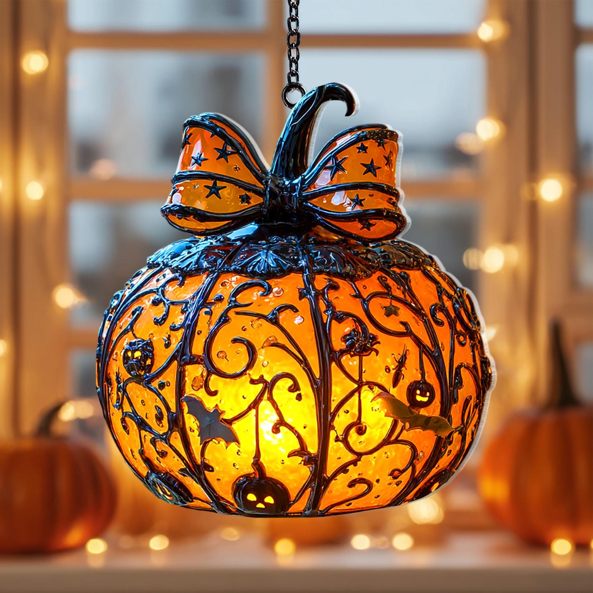 Halloween Pumpkin Lantern Hanging Light with Bats and Stars Metal Carved Fall Decor for Spooky Autumn Home or Party Display