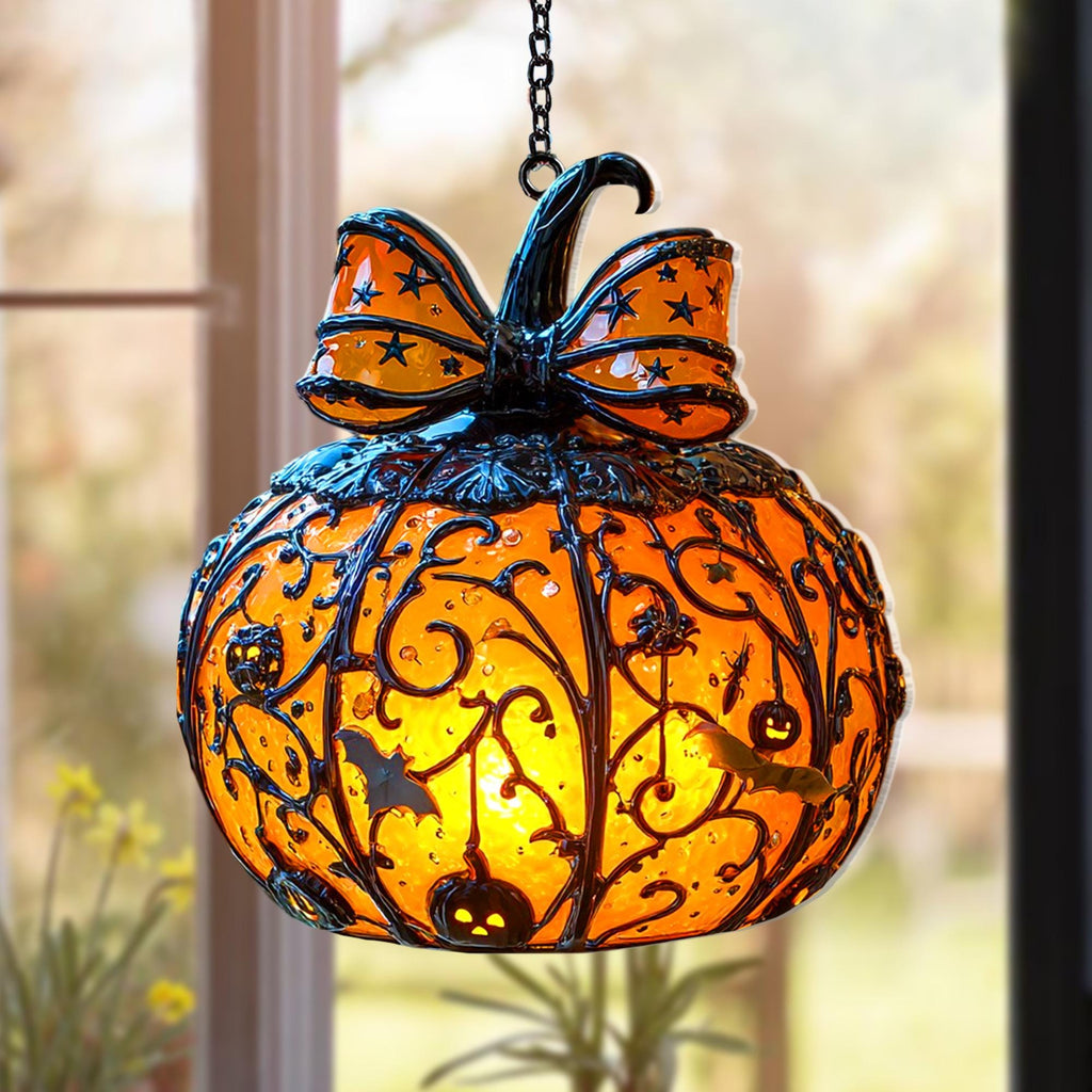 Halloween Pumpkin Lantern Hanging Light with Bats and Stars Metal Carved Fall Decor for Spooky Autumn Home or Party Display