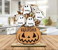 Custom Grandma Pumpkin Halloween Ghost Kids Wooden Sign, Personalized Standing Wooden Plaque with Kids Name, Fall Gift from Grandchildren