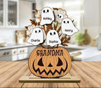Custom Grandma Pumpkin Halloween Ghost Kids Wooden Sign, Personalized Standing Wooden Plaque with Kids Name, Fall Gift from Grandchildren