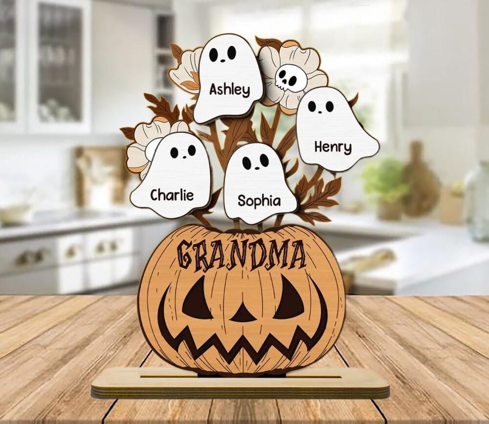 Custom Grandma Pumpkin Halloween Ghost Kids Wooden Sign, Personalized Standing Wooden Plaque with Kids Name, Fall Gift from Grandchildren