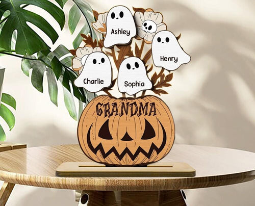 Custom Grandma Pumpkin Halloween Ghost Kids Wooden Sign, Personalized Standing Wooden Plaque with Kids Name, Fall Gift from Grandchildren