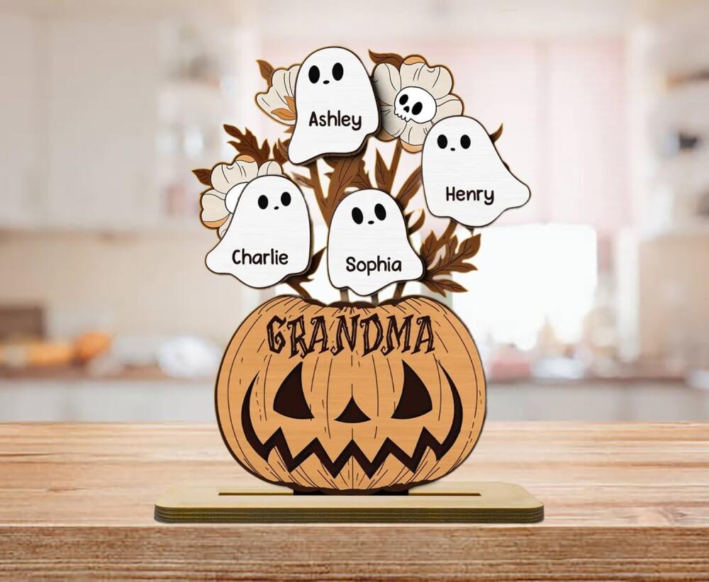 Custom Grandma Pumpkin Halloween Ghost Kids Wooden Sign, Personalized Standing Wooden Plaque with Kids Name, Fall Gift from Grandchildren