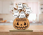 Custom Grandma Pumpkin Halloween Ghost Kids Wooden Sign, Personalized Standing Wooden Plaque with Kids Name, Fall Gift from Grandchildren