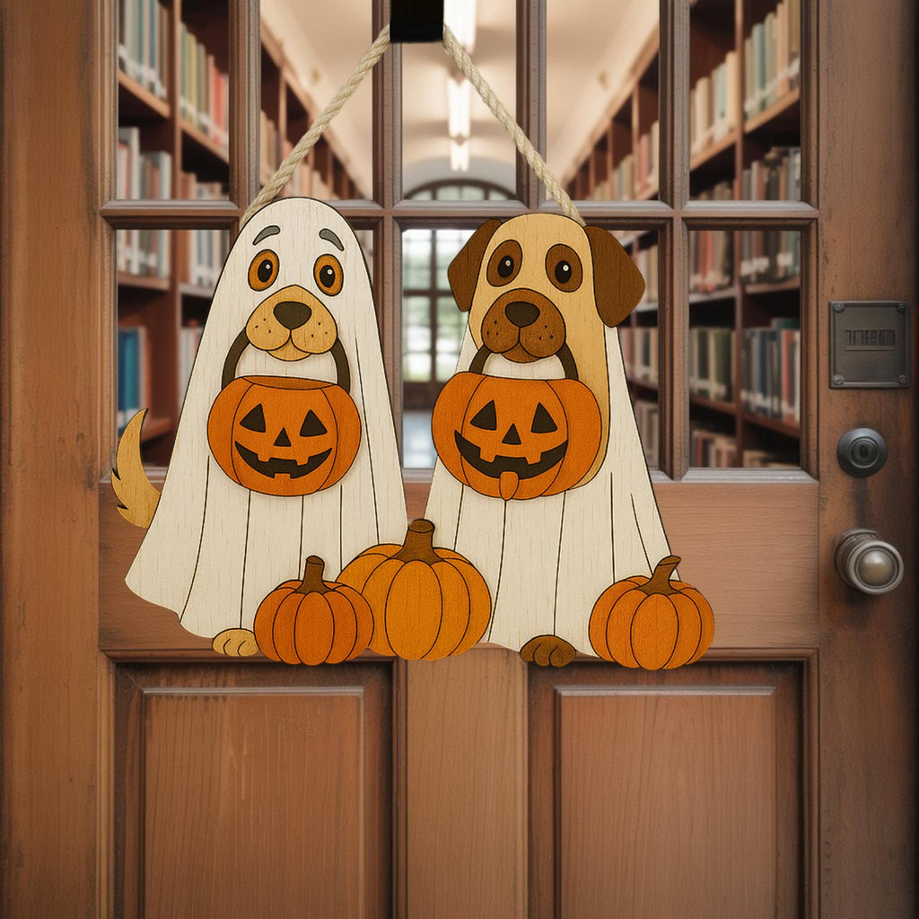 Halloween Ghost Welcome Sign, Ghost Puppy Door Hanger, Cute Dog in Ghost Costume Wooden Fall Decor, SpookySign, Jack-o’-Lantern Decor