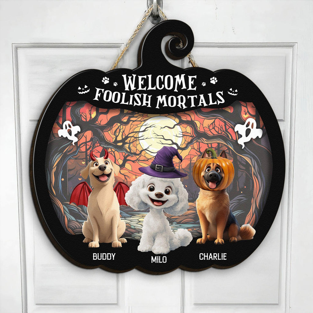 Welcome Foolish Mortals, Personalized Wood Sign, Spooky Season Decor, Custom Name Cat Sign, Halloween Fall Decor, Pet Lover Gifts