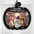 Welcome Foolish Mortals, Personalized Wood Sign, Spooky Season Decor, Custom Name Cat Sign, Halloween Fall Decor, Pet Lover Gifts