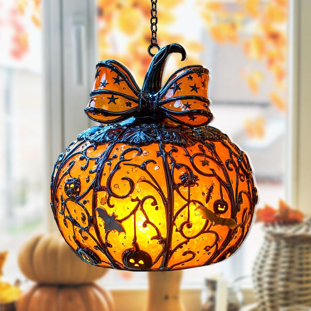 Halloween Pumpkin Lantern Hanging Light with Bats and Stars Metal Carved Fall Decor for Spooky Autumn Home or Party Display