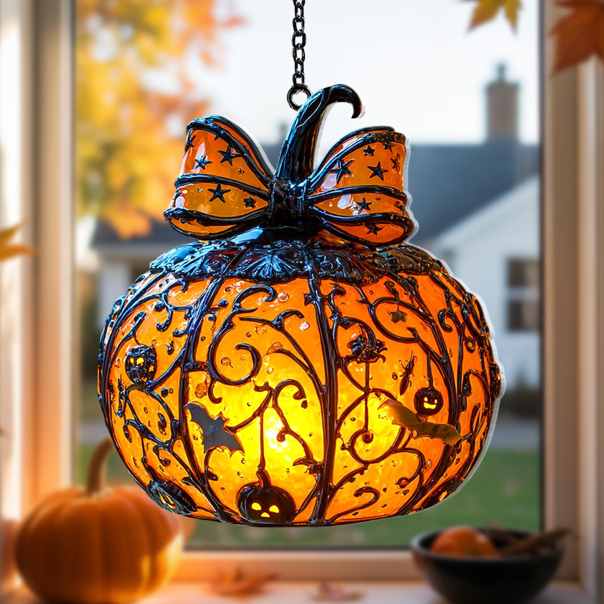 Halloween Pumpkin Lantern Hanging Light with Bats and Stars Metal Carved Fall Decor for Spooky Autumn Home or Party Display