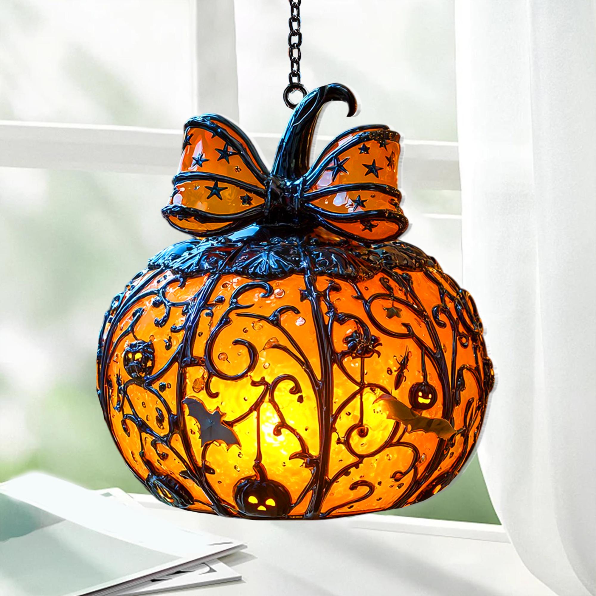 Halloween Pumpkin Lantern Hanging Light with Bats and Stars Metal Carved Fall Decor for Spooky Autumn Home or Party Display