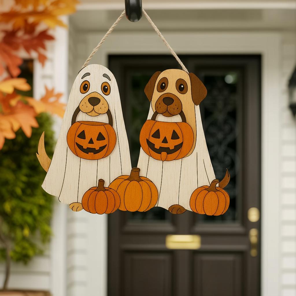 Halloween Ghost Welcome Sign, Ghost Puppy Door Hanger, Cute Dog in Ghost Costume Wooden Fall Decor, SpookySign, Jack-o’-Lantern Decor