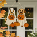Halloween Ghost Welcome Sign, Ghost Puppy Door Hanger, Cute Dog in Ghost Costume Wooden Fall Decor, SpookySign, Jack-o’-Lantern Decor