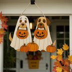 Halloween Ghost Welcome Sign, Ghost Puppy Door Hanger, Cute Dog in Ghost Costume Wooden Fall Decor, SpookySign, Jack-o’-Lantern Decor