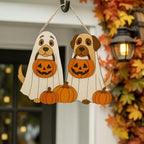 Halloween Ghost Welcome Sign, Ghost Puppy Door Hanger, Cute Dog in Ghost Costume Wooden Fall Decor, SpookySign, Jack-o’-Lantern Decor