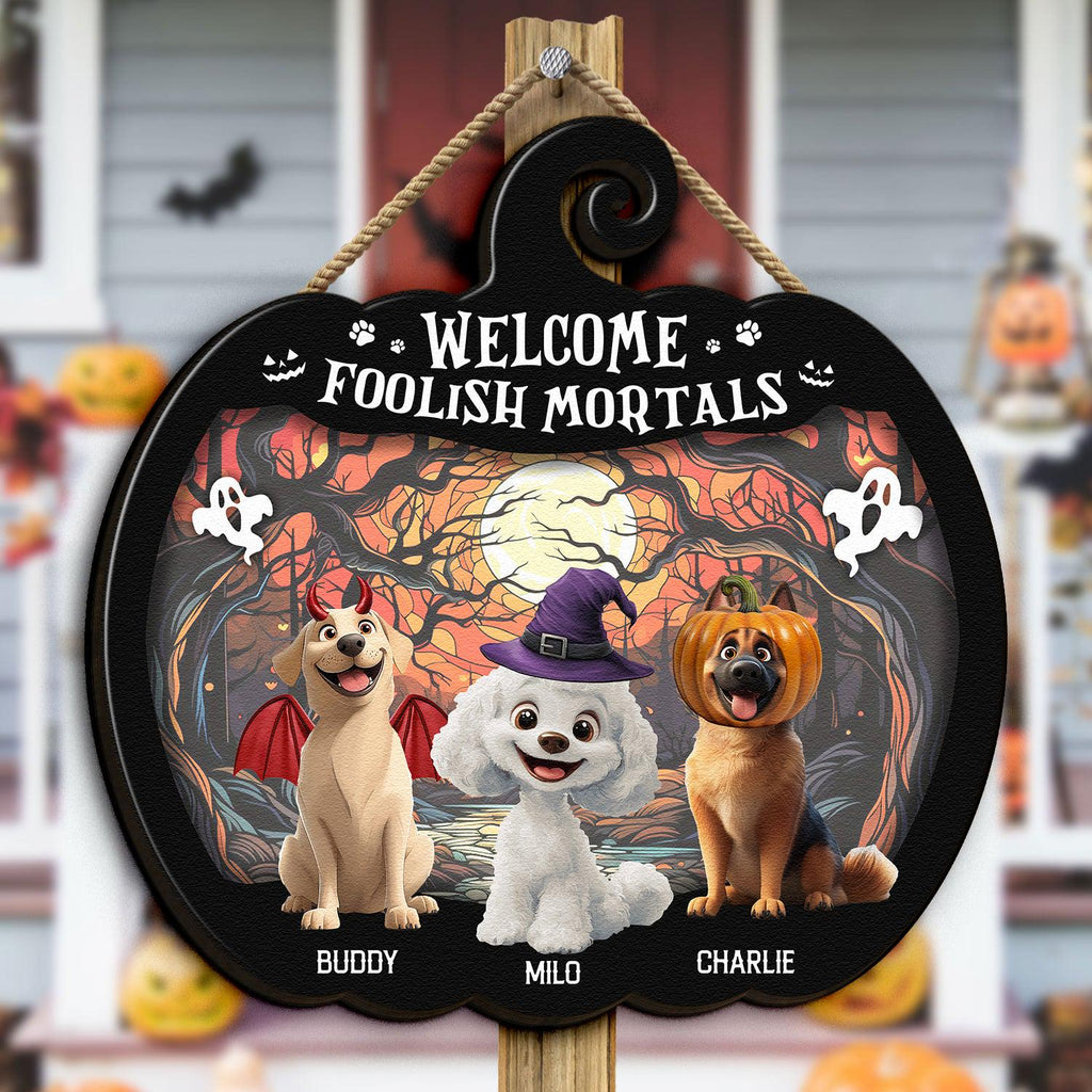 Welcome Foolish Mortals, Personalized Wood Sign, Spooky Season Decor, Custom Name Cat Sign, Halloween Fall Decor, Pet Lover Gifts