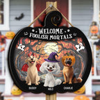 Welcome Foolish Mortals, Personalized Wood Sign, Spooky Season Decor, Custom Name Cat Sign, Halloween Fall Decor, Pet Lover Gifts