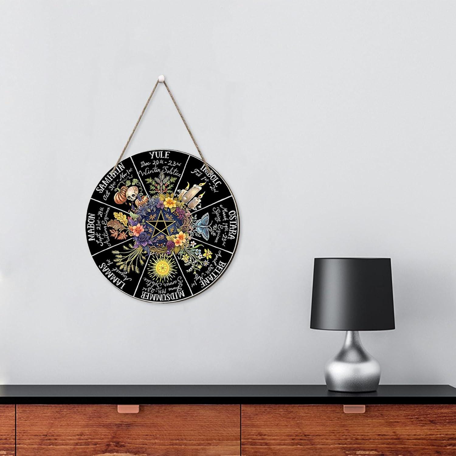 Pagan Wheel of the Year Wooden Sign with Pentagram