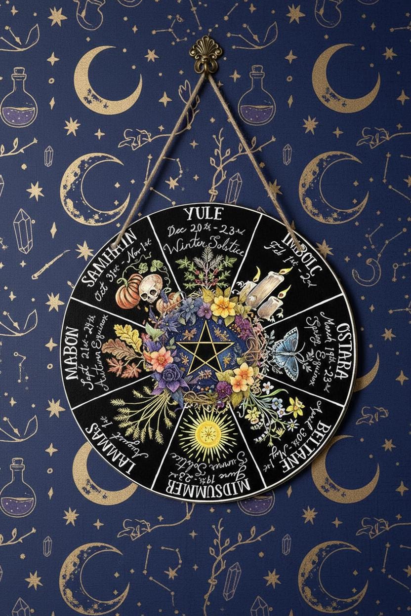 Pagan Wheel of the Year Wooden Sign with Pentagram