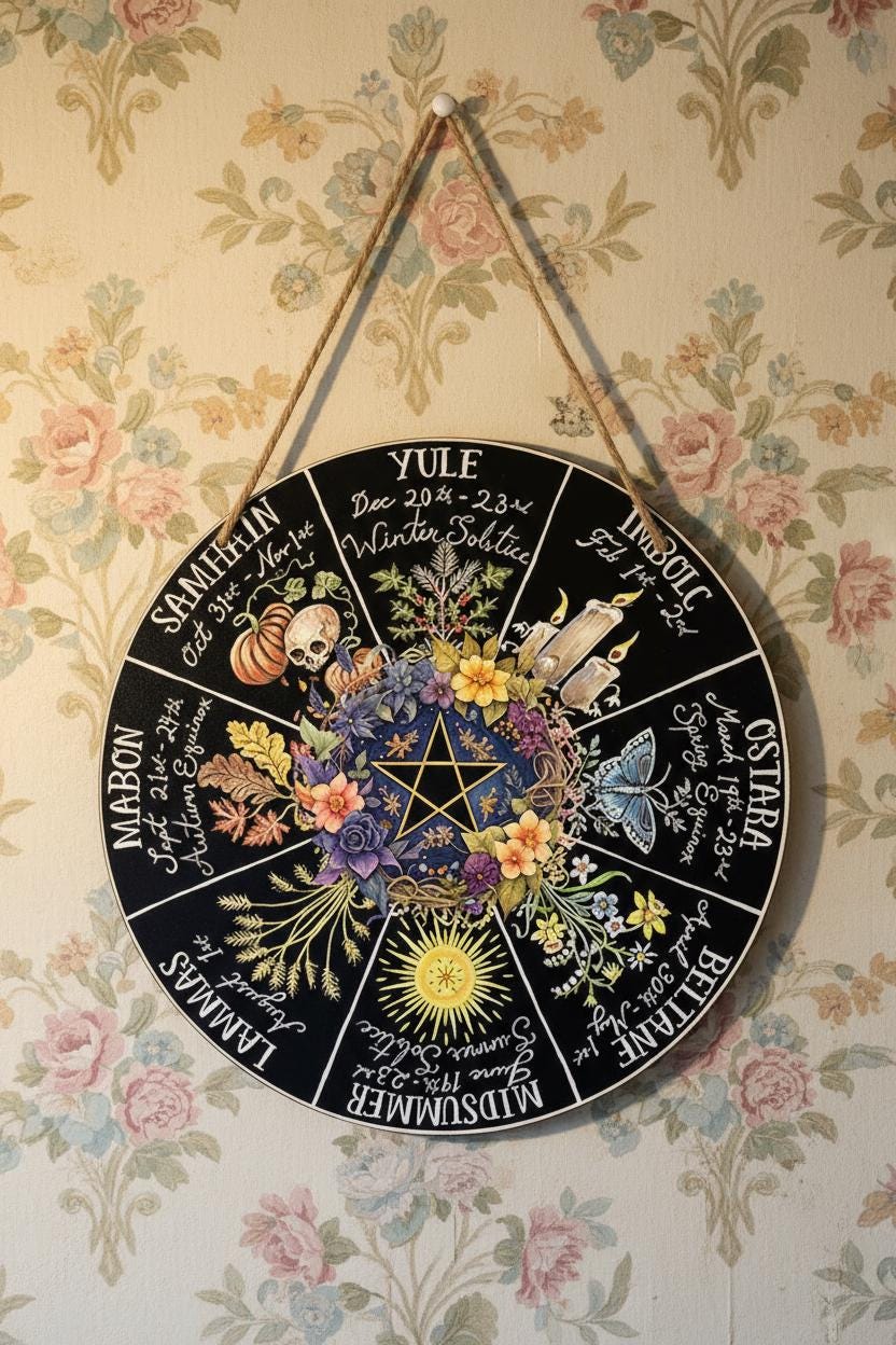Pagan Wheel of the Year Wooden Sign with Pentagram