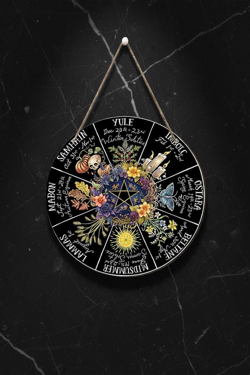 Pagan Wheel of the Year Wooden Sign with Pentagram